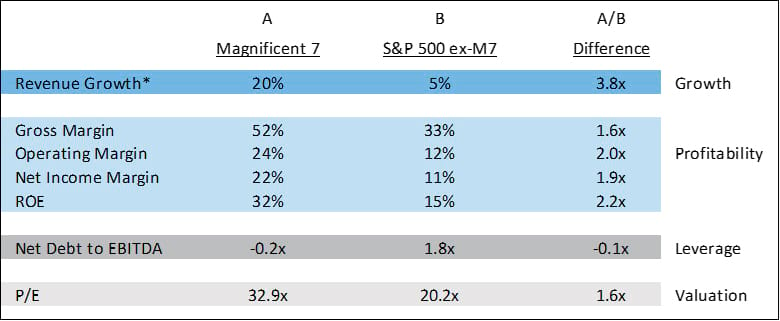 Table with Mag 7 numbers compared to S&P 500 and the Difference of Mag 7/S&P 500